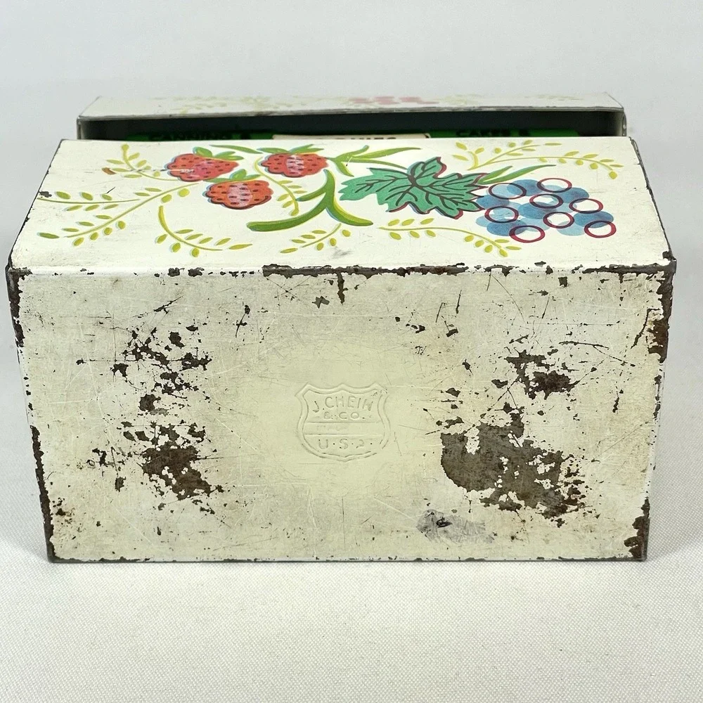 Vintage‎ J Chein USA Metal Recipe Box w Recipe Cards Fruit Floral Tin